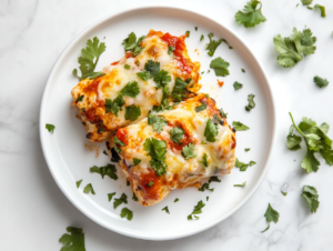 This image shows a beautifully plated dish of low carb shrimp enchiladas, topped with melty gooey cheese and freshly chopped cilantro, served on a white round plate.