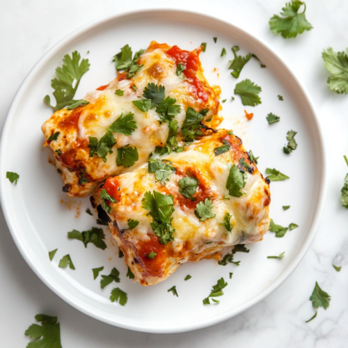 This image shows a beautifully plated dish of low carb shrimp enchiladas, topped with melty gooey cheese and freshly chopped cilantro, served on a white round plate.