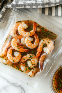 This image shows marinated shrimp placed in a bowl, covered, and stored in the refrigerator to allow the flavors to meld.