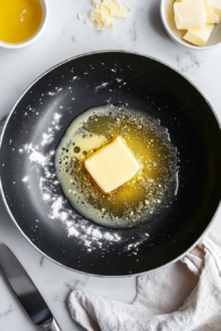 This image captures butter melting in the pan, creating a rich base for cooking the zucchini noodles.