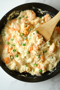 This image shows cream cheese melting in a hot skillet, forming a rich and creamy mixture to enhance the shrimp enchilada filling.