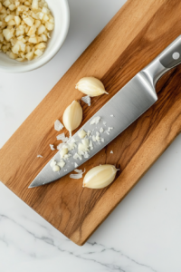 This image shows fresh garlic cloves being finely minced with a sharp knife on a cutting board, adding a robust flavor to the shrimp.