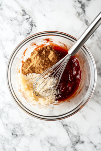 A bowl filled with BBQ sauce, vinegar, brown sugar, garlic powder, and red pepper flakes being whisked together to create a rich and tangy BBQ marinade.