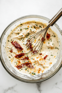 A bowl filled with a creamy mixture of chicken broth, heavy cream, minced garlic, Parmesan cheese, and sundried tomatoes, being stirred to create a flavorful Tuscan sauce.