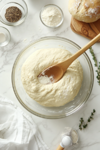 This image shows the batter being thoroughly mixed with a wooden spoon until all the flour is fully incorporated, creating a smooth consistency for no yeast bread.