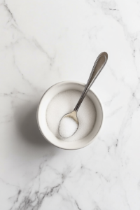 This image shows ground cinnamon and sugar being mixed together in a small white bowl using a spoon, preparing the sweet and aromatic filling for the cinnamon swirl bread.