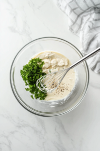 This image shows cream of celery soup, cream of chicken soup, parsley, poultry seasoning, and pepper being mixed together in a bowl to create a flavorful base for the chicken and dumplings.