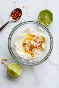 This image shows a bowl filled with ingredients for Bang Bang sauce being mixed together to create a smooth, creamy base for the shrimp pasta.