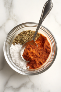 This image shows a bowl of seasonings being mixed, including spices and herbs, to create a flavorful marinade for the keto air fryer chicken breast.