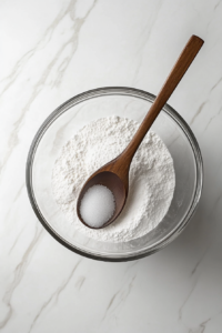 This image shows flour, baking powder, and other dry ingredients being whisked together in a large mixing bowl, ensuring an even blend for the cinnamon swirl bread batter.