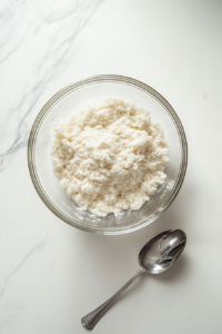 This image shows flour and water being mixed in a bowl to create a smooth dough for the 2 Ingredient Vegan Chicken recipe.