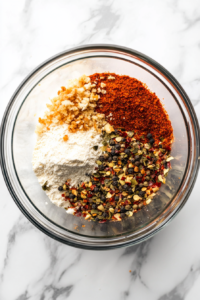 This image shows flour, breadcrumbs, and a blend of spices being mixed in a bowl to create a crispy coating for the tofu nuggets.