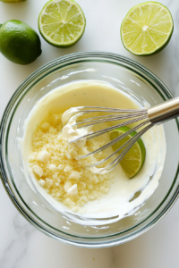 This image shows ingredients being mixed together to create a zesty garlic-lime sauce, which will be drizzled over the chicken taco lettuce wraps.