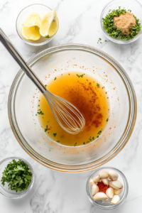 This image shows a bowl with marinade ingredients, including olive oil, garlic, herbs, and spices, being mixed together for flavoring shrimp and scallops.