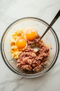 This image shows a pair of hands mixing ground meat, breadcrumbs, eggs, and seasonings in a large glass bowl to create the meatloaf mixture.