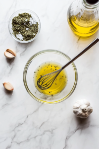 This image shows a small bowl with olive oil, vinegar, minced garlic, and spices like oregano, salt, and pepper, being whisked into a flavorful dressing for the zucchini salad.