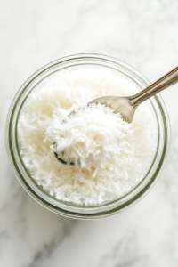 thisimage shows Shredded coconut being combined with seasonings in a bowl to create the final crispy coating for keto coconut shrimp.