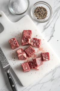 This image shows raw New York strip steak cut into 1-inch cubes and seasoned with kosher salt and ground black pepper, preparing for sautéing in butter.