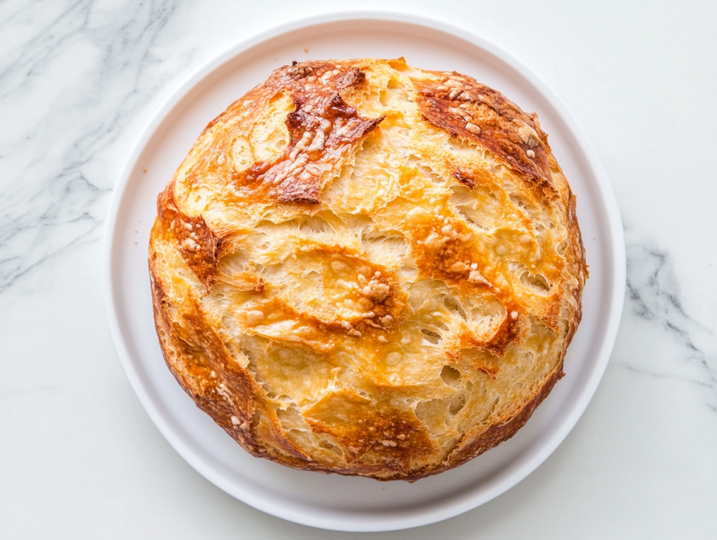 This image shows a golden-brown loaf of no-knead Dutch oven bread resting on a round white plate. The bread is made with all-purpose flour and fine-grain salt, boasting a rustic, artisan-style crust.