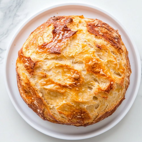 This image shows a golden-brown loaf of no-knead Dutch oven bread resting on a round white plate. The bread is made with all-purpose flour and fine-grain salt, boasting a rustic, artisan-style crust.