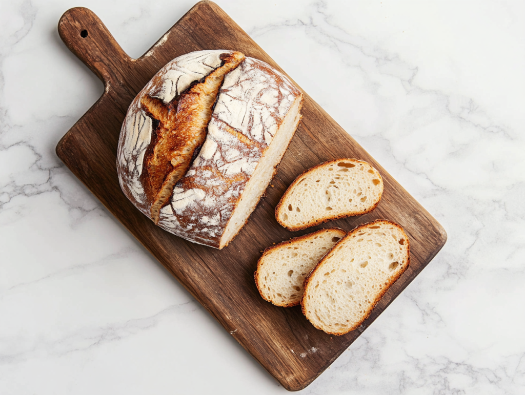 This image shows a loaf of no yeast bread on a wooden chopping board with a few slices placed neatly on the side. The bread has a golden crust on the outside and a soft, fluffy texture on the inside.