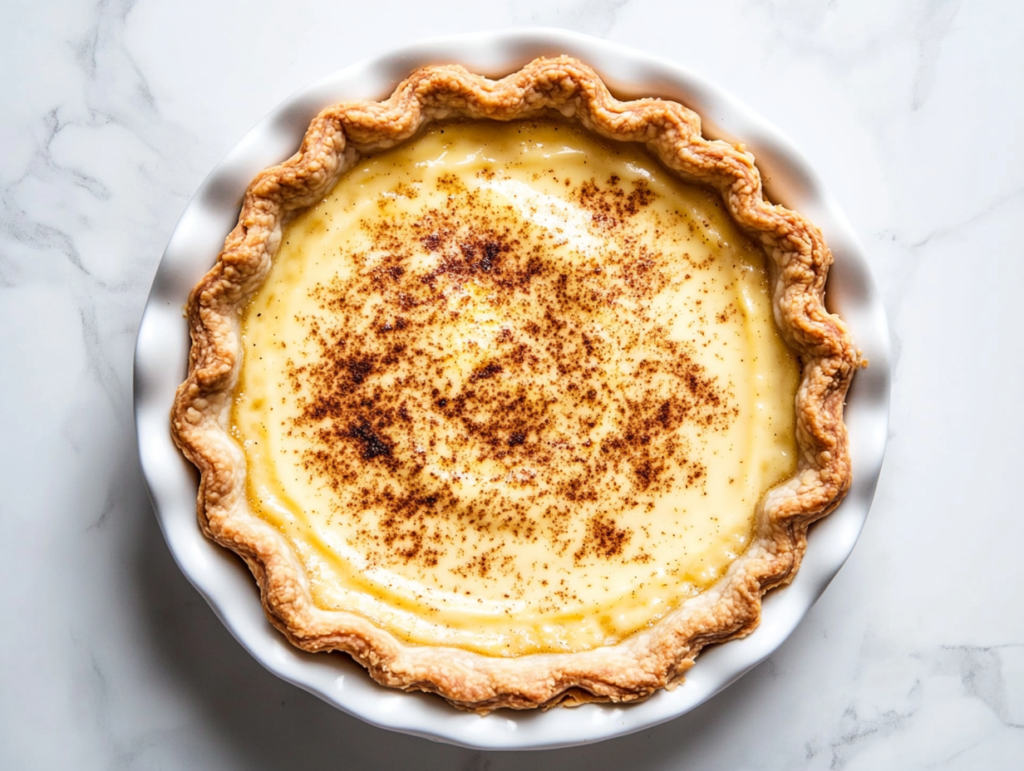 this image shows A beautifully baked old-fashioned vegan custard pie served in a round dish, featuring golden crispy edges, a smooth creamy center, and garnished with a light sprinkle of brown sugar for an elegant finish.