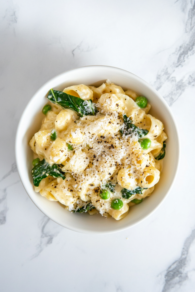 This image shows a creamy pea and spinach carbonara served in a white round bowl, infused with the fresh flavors of spinach and peas and topped with extra grated Parmesan cheese for a rich and satisfying finish.