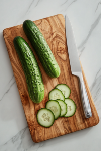 This image shows cucumbers being peeled and sliced into thin rounds, ready to be added to the salad for a refreshing crunch.