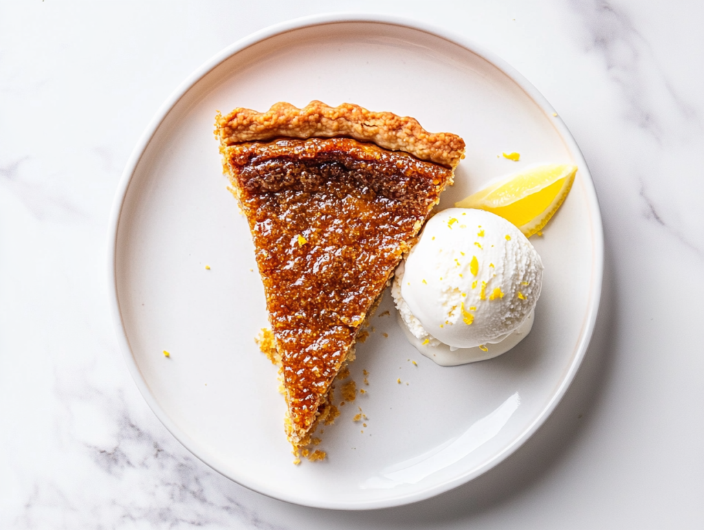 This image shows perfectly browned slice of Vegan Treacle Tart served on a white round plate with a scoop of vanilla ice cream and a half cut lemon on the side, enhancing the tart’s rich flavors.