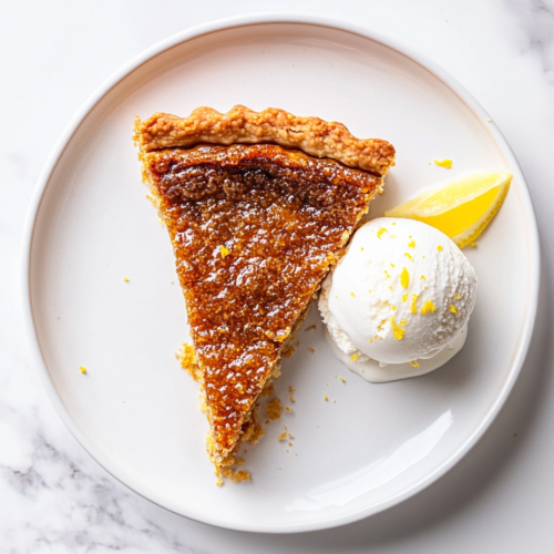 This image shows perfectly browned slice of Vegan Treacle Tart served on a white round plate with a scoop of vanilla ice cream and a half cut lemon on the side, enhancing the tart’s rich flavors.