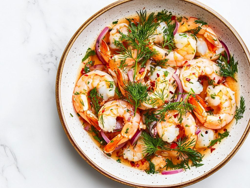 This image shows pickled shrimp served on a white round plate, garnished with fresh herbs, stirred evenly to coat the shrimp, and showcasing a vibrant and flavorful dish.