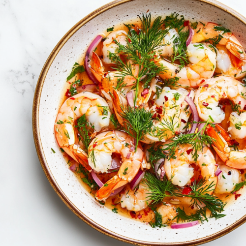 This image shows pickled shrimp served on a white round plate, garnished with fresh herbs, stirred evenly to coat the shrimp, and showcasing a vibrant and flavorful dish.