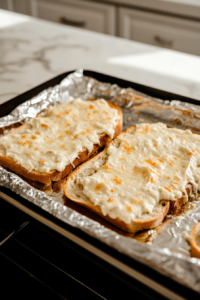 A baking sheet with cheese-topped bread being carefully placed under the broiler in the oven.