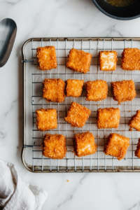 This image shows coated tofu nuggets resting on a wire rack, ready to be fried into crispy and spicy nuggets.