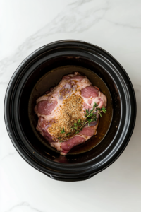 This image shows the pork tenderloin placed in the slow cooker along with a packet of onion soup mix, preparing the base for a delicious slow-cooked meal.