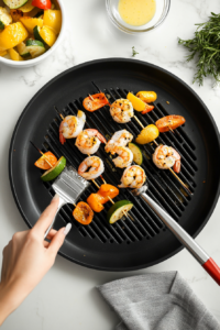 This image shows shrimp skewers being flipped on the grill using tongs, ensuring even cooking on both sides.