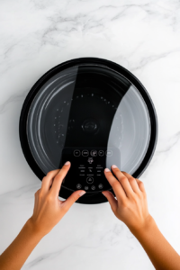 This image shows the lid being placed on the crockpot, with the cooking time being set to allow the honey garlic chicken to cook slowly and absorb the flavors.