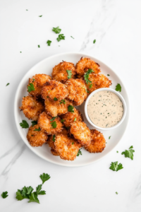 this image shows A beautifully presented plate of crispy keto coconut shrimp, garnished with fresh cilantro and paired with a flavorful dipping sauce.