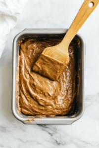 This image shows the Jamaican banana bread batter being poured into a greased loaf pan, ready to be baked.