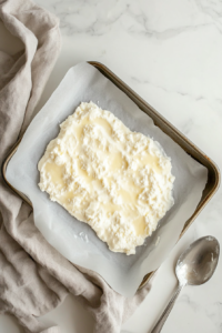 This image shows the smooth blended mixture being poured onto the prepared baking sheet, forming the base layer for the cottage cheese flatbread.