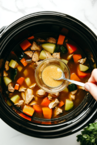 This image shows chicken broth being poured into the slow cooker, along with bouillon cubes, to create the savory liquid for Crockpot Chicken Noodle Soup.