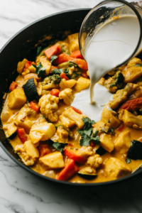 This image shows creamy coconut milk being added to the skillet with curry powder and vegetables, creating a rich and smooth curry sauce.