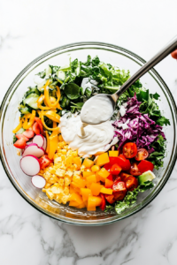 This image shows a creamy dressing being poured over the folded pea salad mixture in a bowl, preparing it for tossing.