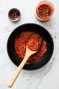 This image shows marinara sauce being added to the cooked ground turkey, creating a rich, savory mixture for the lasagna.