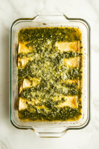 This image shows creamy sauce being generously poured over a baking dish filled with rolled enchiladas, ready to be baked until golden and bubbly.