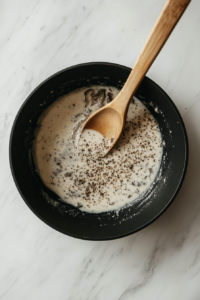 this image shows A creamy cornstarch and plant-based milk mixture being poured into the skillet with mushrooms, onions, and garlic, thickening into a luscious stroganoff sauce.