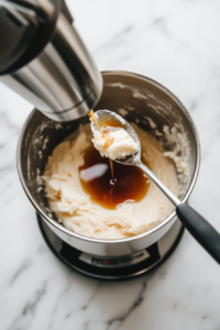 This image shows vanilla extract being poured into the butter and sugar mixture, adding a rich flavor to the buttercream frosting.