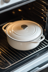 This image shows a Dutch oven with its lid on, preheating in the oven to prepare for baking the no-knead bread.