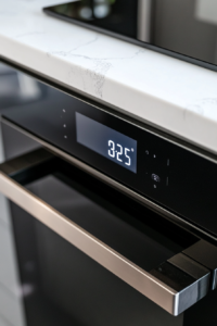 top-down shot of an oven being preheated, set to the correct temperature for baking chocolate chip zucchini bread, with a glowing orange element visible.