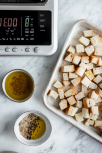 This image shows the oven being preheated in preparation for baking the homemade croutons for the shrimp Caesar salad.